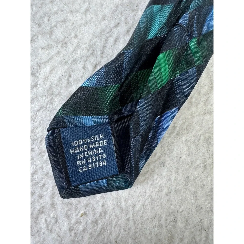 John Ashford Necktie Mens OS Blue Green Good Silk Geometric Plaid Hand Made